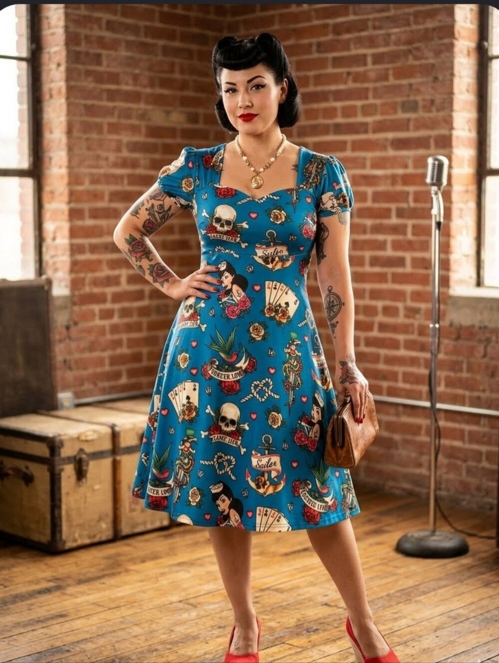Blue Tattoo-inspo nautical/pin-up style dress⚓️💎♣️♦💀Sweetheart Neckline XL